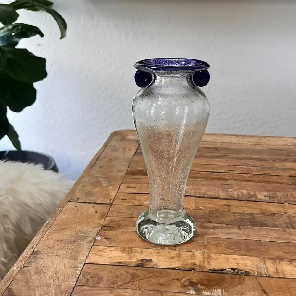 Hand Blown Glass Vase Cobalt Blue Scroll Handles & Rim Bubble Glass Art